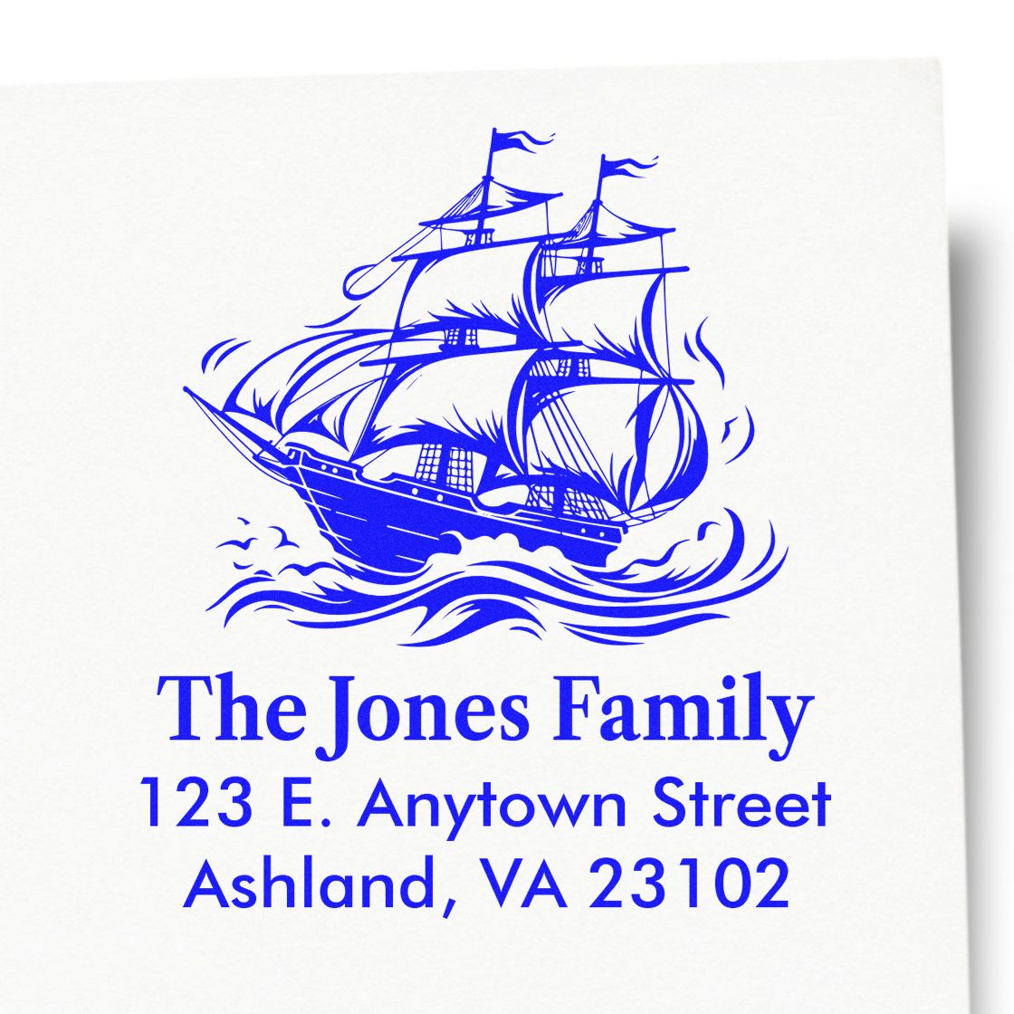Custom family return address rubber stamp with nautical ship design for mailing envelopes, The Jones Family, Ashland, VA.