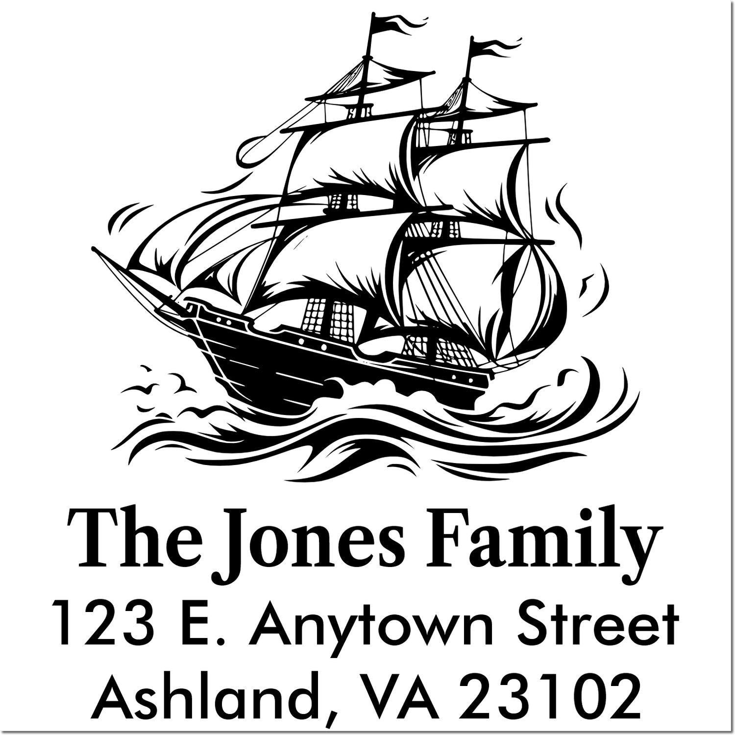 Custom return address rubber stamp with sailing ship design for The Jones Family, 123 E. Anytown Street, Ashland, VA 23102