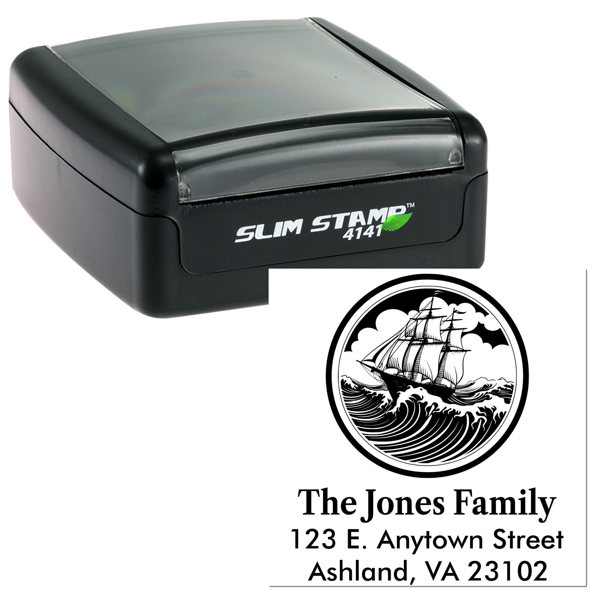 Custom self-inking address rubber stamp with ship design, family name, and return address for personalized mailing.