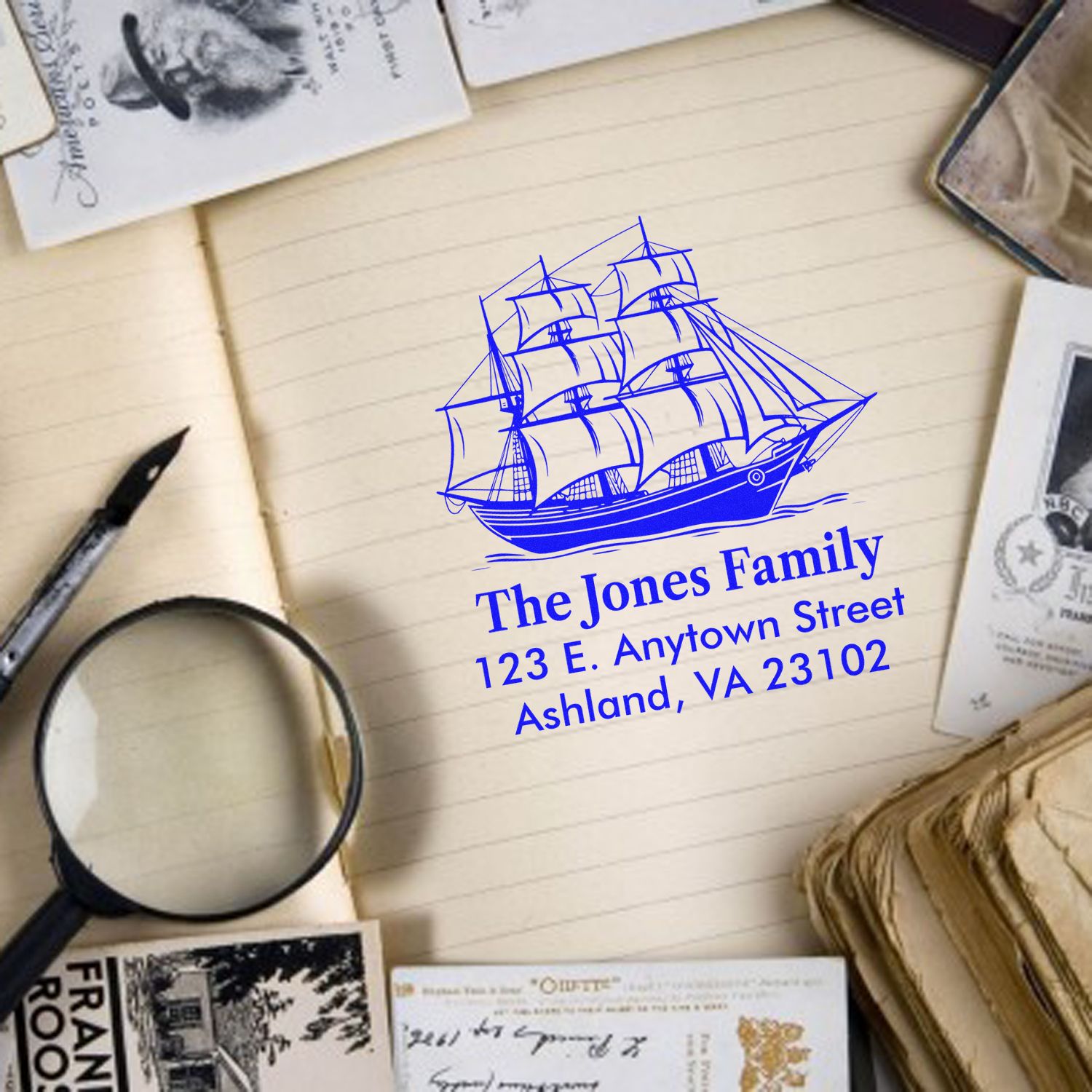 Custom address rubber stamp with sailboat design for personalized stationery, envelopes, and wedding invitations.