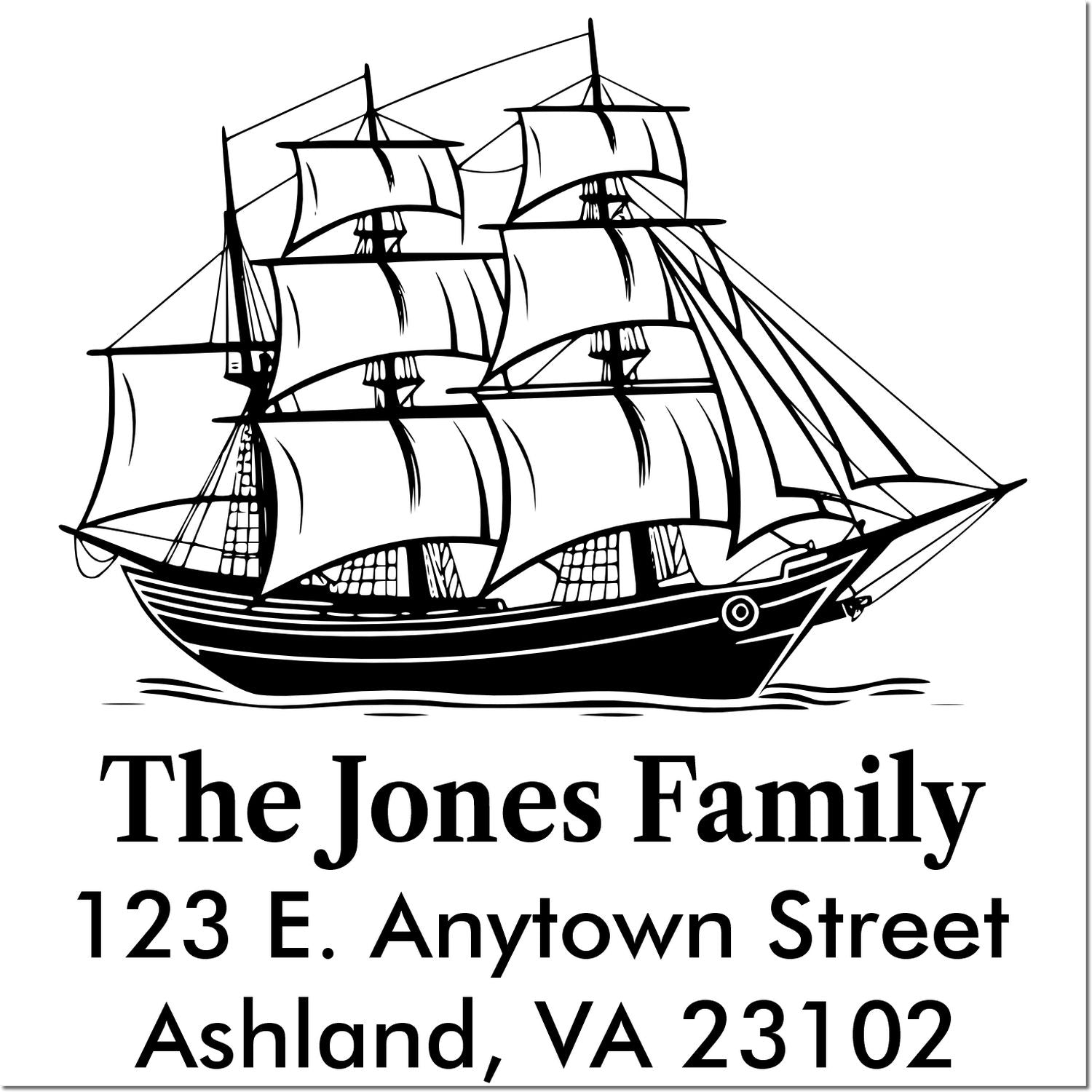 Custom sailing ship return address rubber stamp for The Jones Family, Ashland, VA 23102.