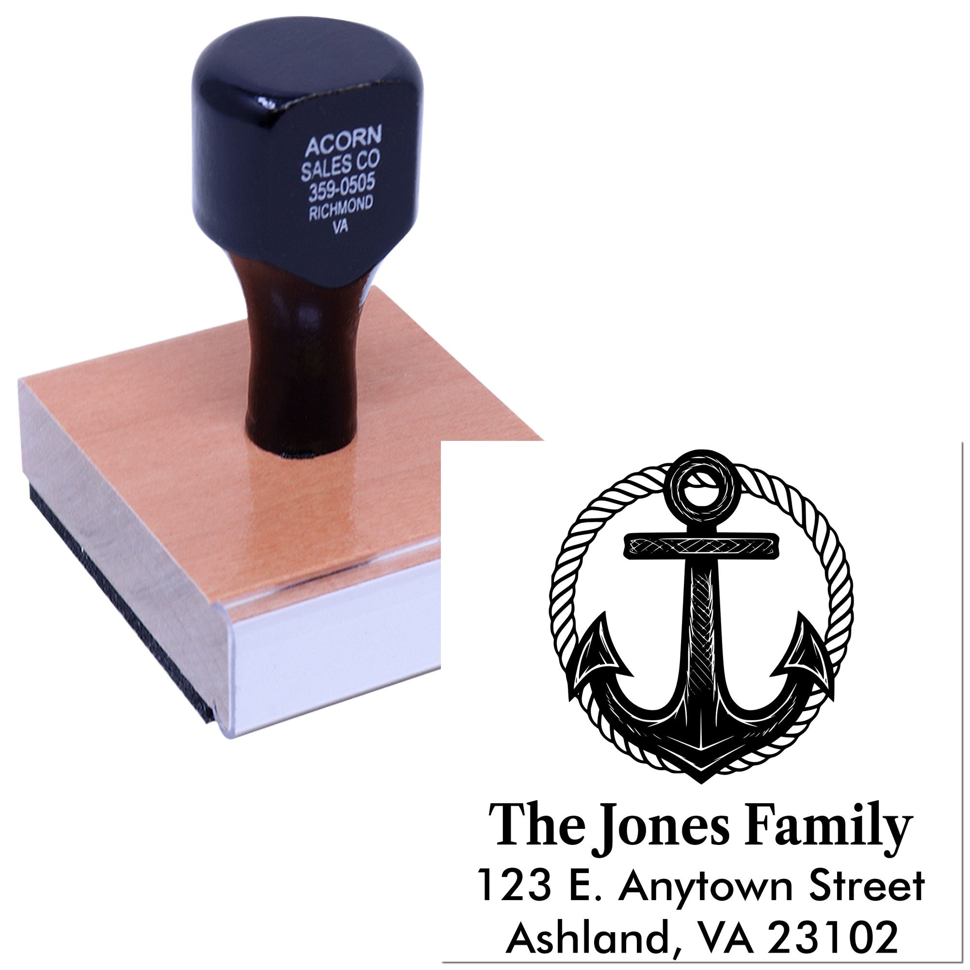 Custom rubber address stamp with anchor design and family name for nautical-themed mailing, invitations, and stationery.