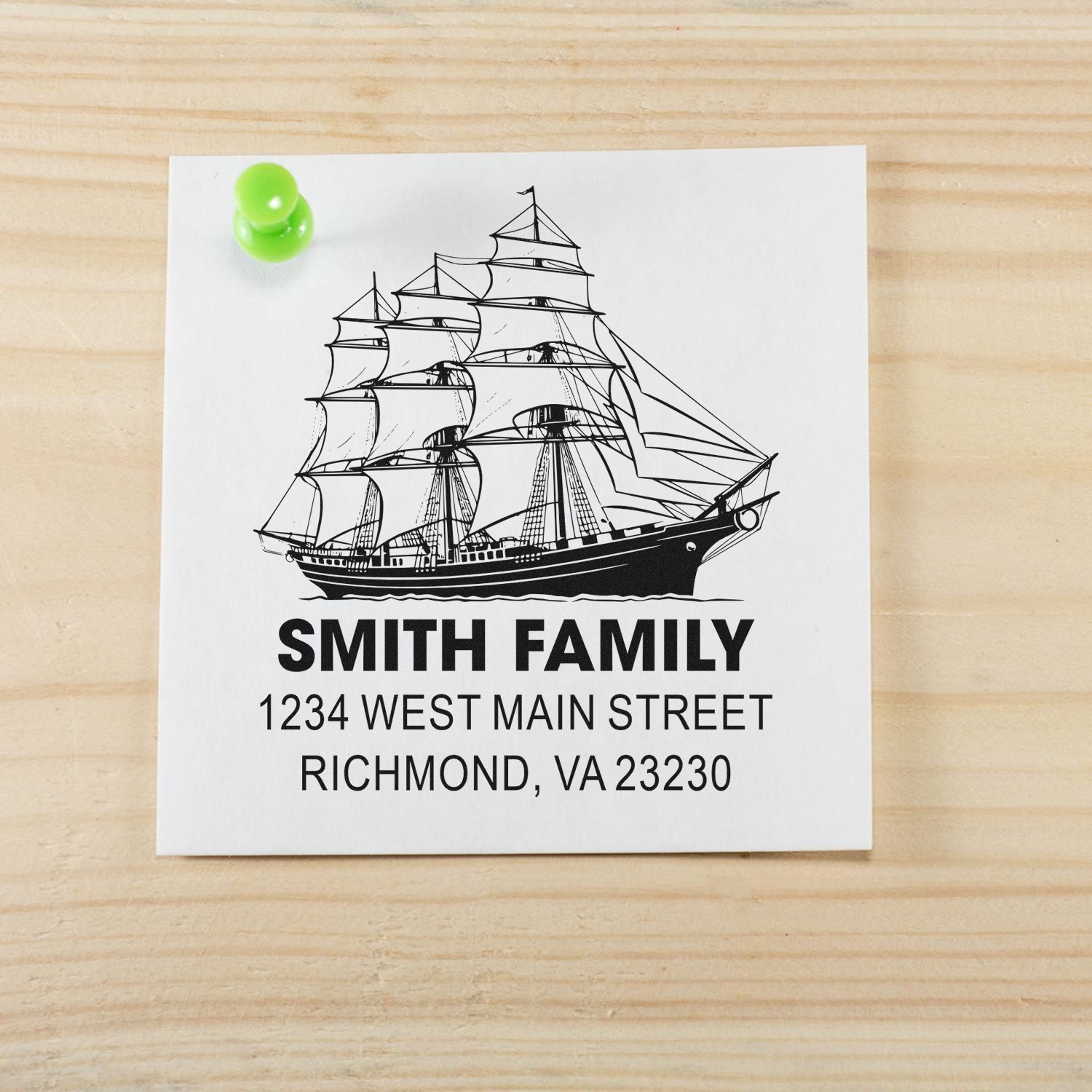 Personalized nautical address rubber stamp with sailing ship design, Smith Family name, and Richmond, VA address.