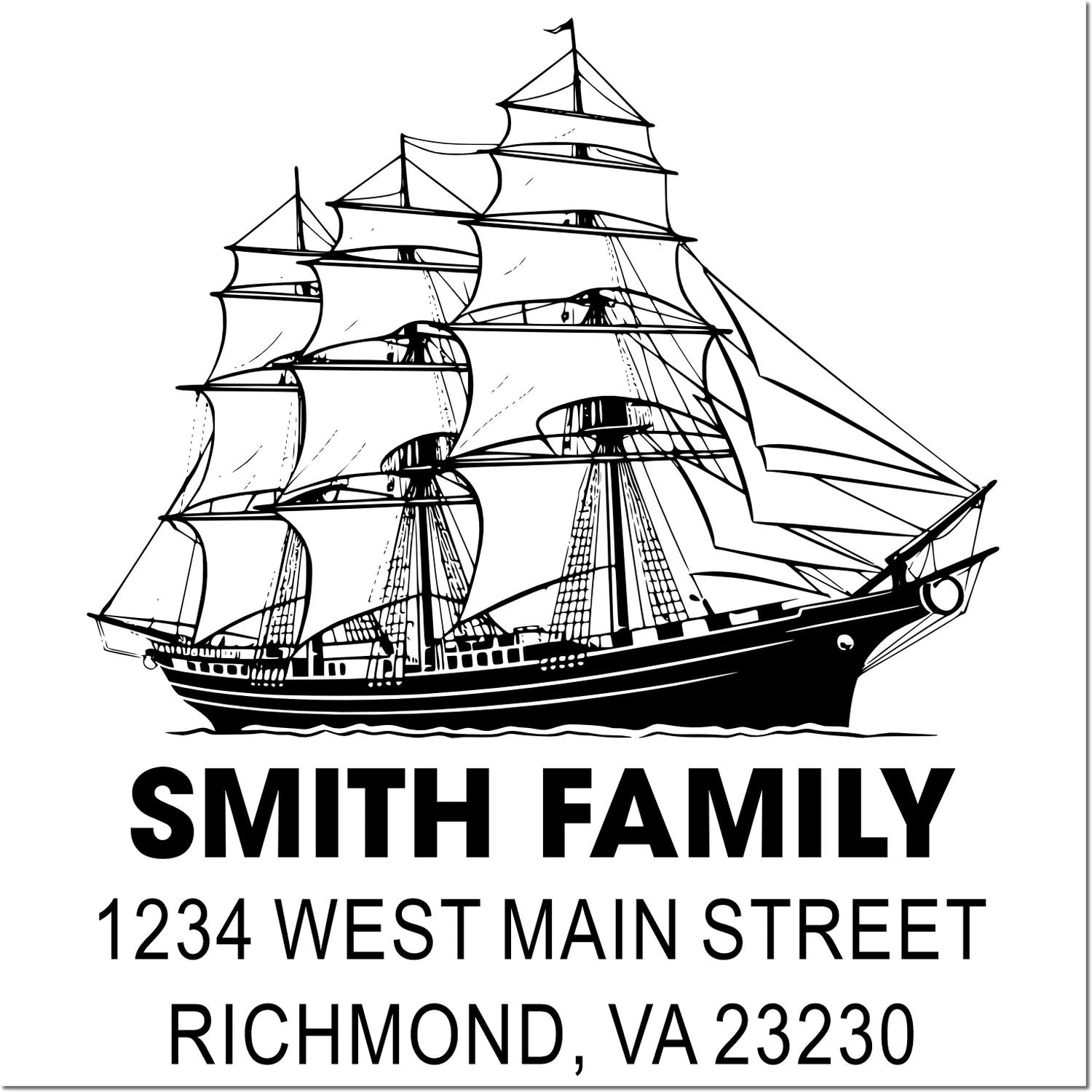 Custom return address rubber stamp with tall sailing ship, Smith Family name, and Richmond, VA 23230 address.