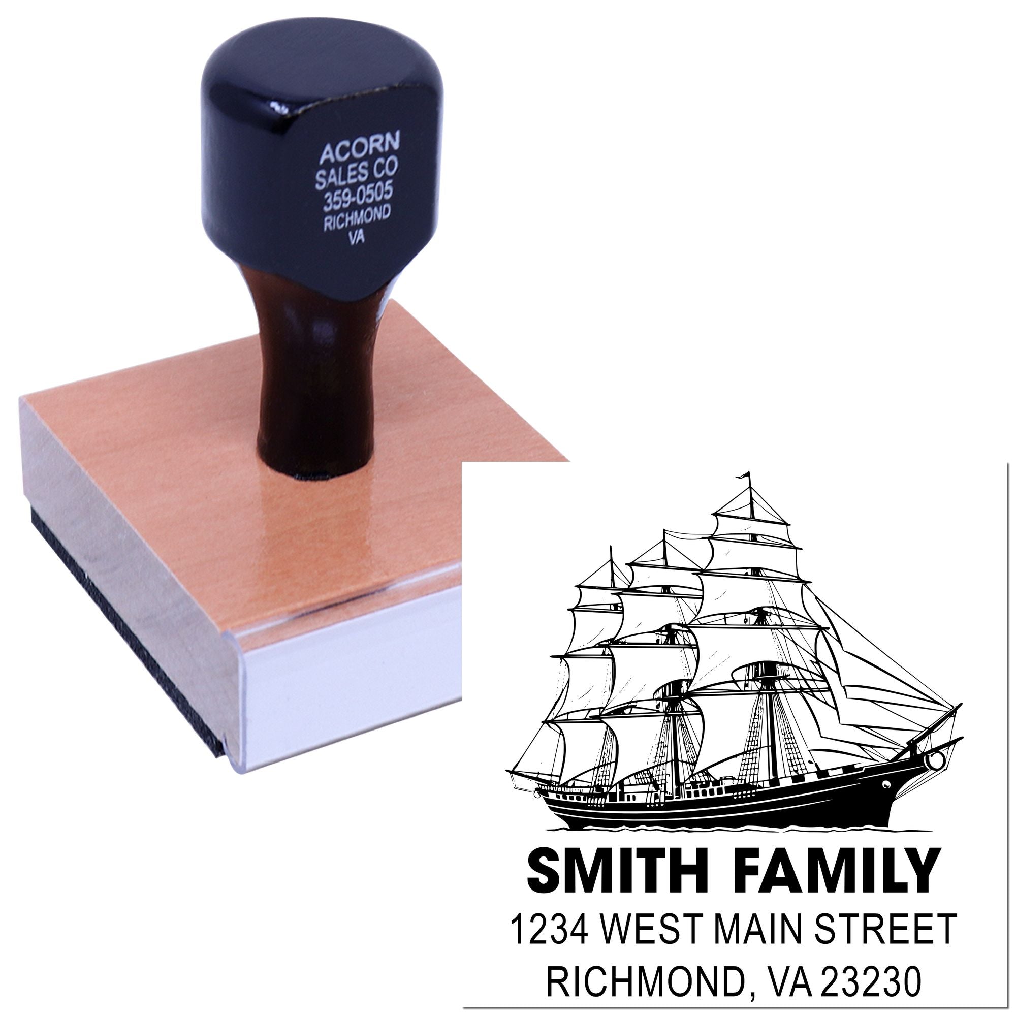 Mermaidâ€™S Anchorage Majestic Sailing Ship Custom Return Address Label Stamp with Wood Handle