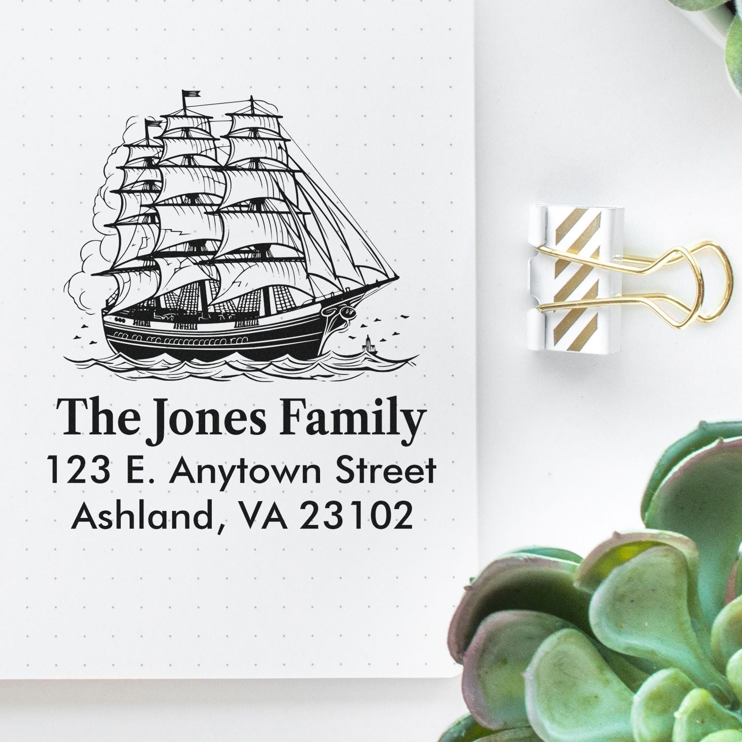 Custom nautical return address rubber stamp with sailing ship design for The Jones Family, Ashland, VA 23102.