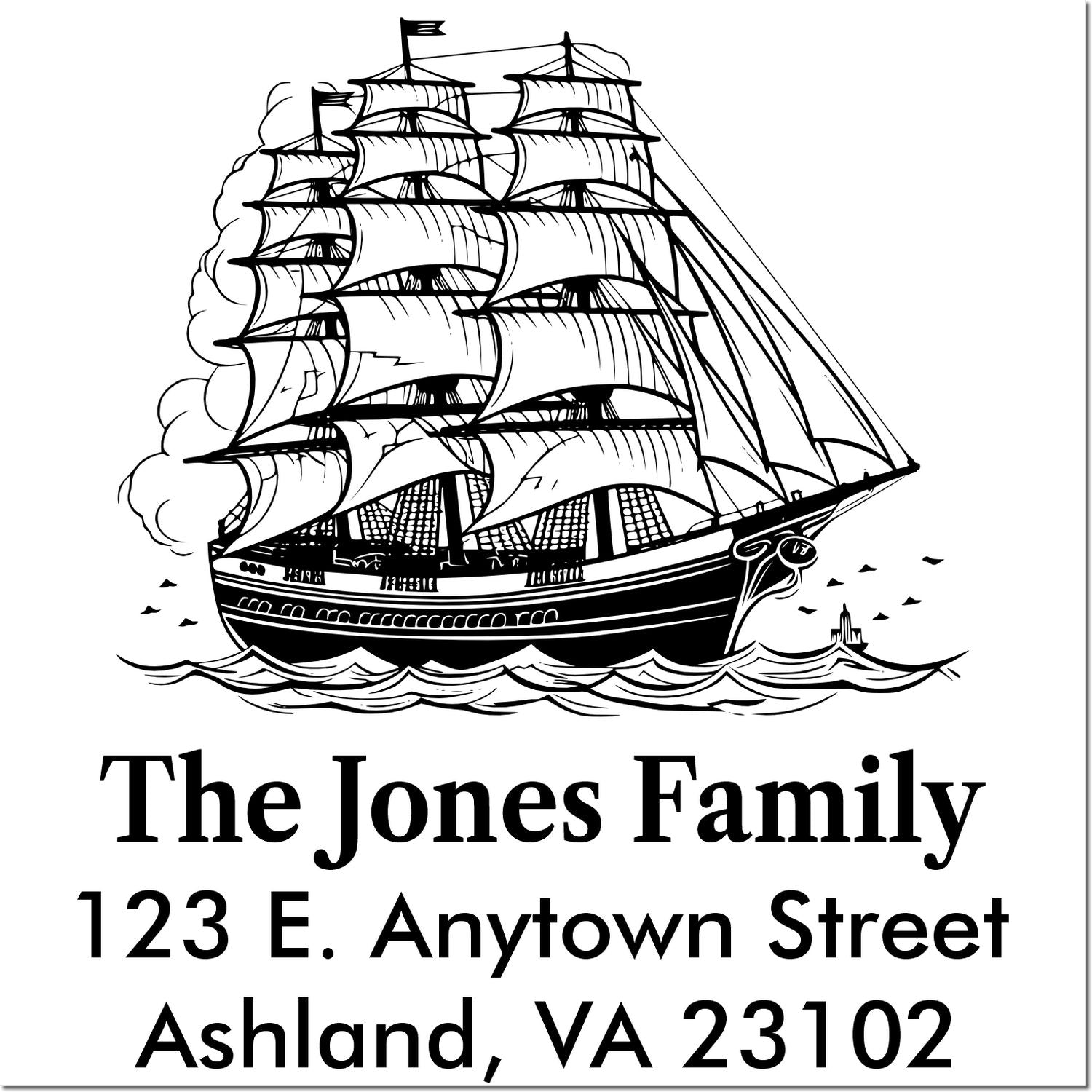Custom nautical return address rubber stamp with tall ship, The Jones Family, 123 E. Anytown Street, Ashland, VA 23102
