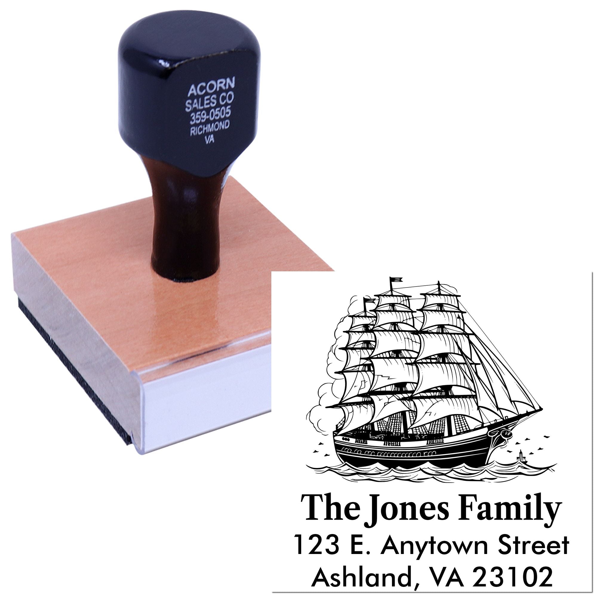 Custom return address rubber stamp with sailing ship design, personalized for family mail and envelopes.