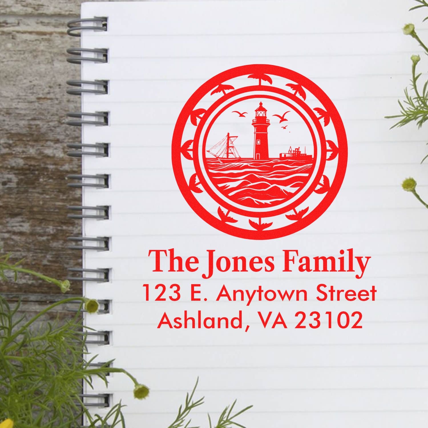 Custom family address rubber stamp with lighthouse nautical design for The Jones Family, Ashland, VA 23102