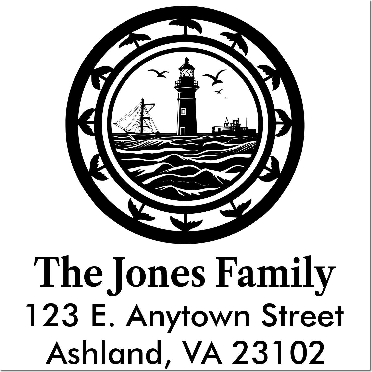 Custom return address rubber stamp with lighthouse design for The Jones Family, Ashland, VA 23102.