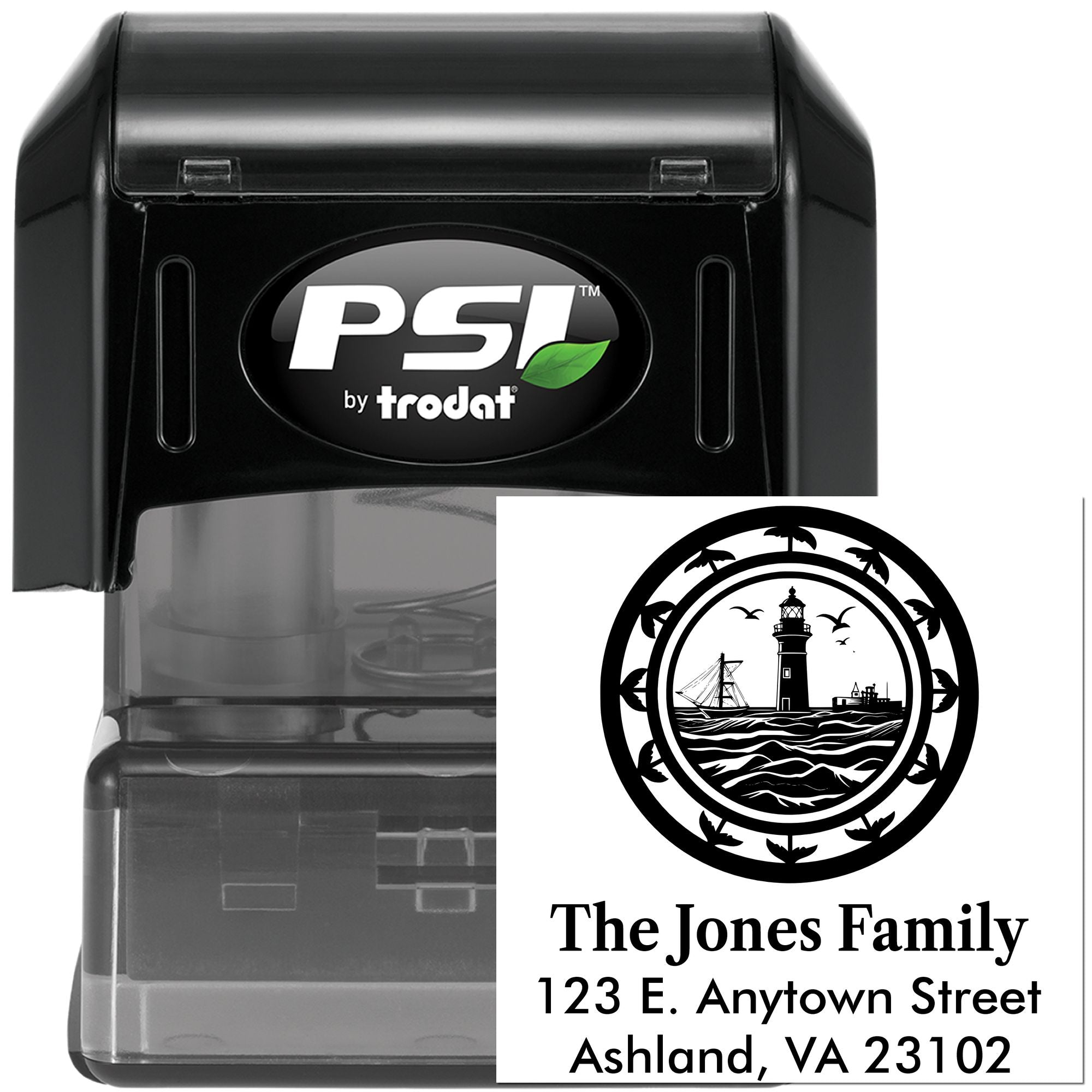 PSI by Trodat custom self-inking rubber stamp with lighthouse return address for The Jones Family.