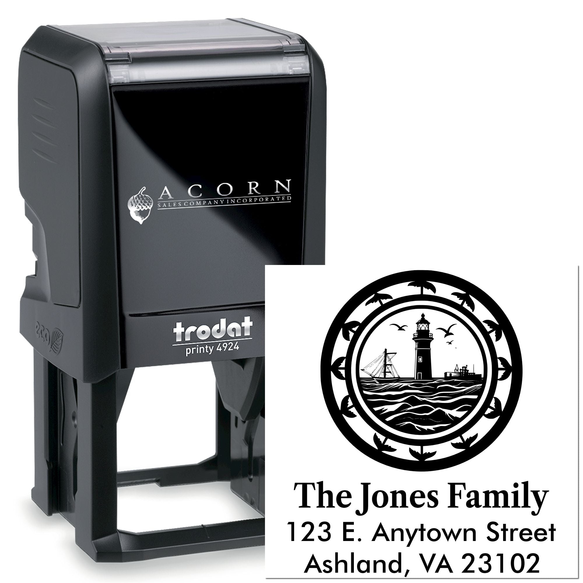 Custom self-inking rubber stamp, Trodat Printy 4924, personalized address stamp with lighthouse family logo.