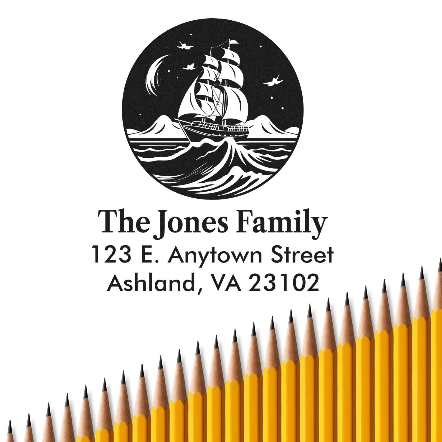 Personalized nautical return address rubber stamp for The Jones Family, featuring a tall ship logo and Ashland, VA address.