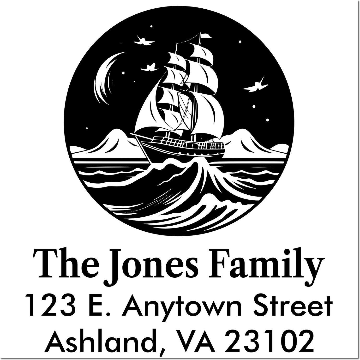 Personalized return address rubber stamp with nautical ship design for The Jones Family, Ashland, VA 23102.