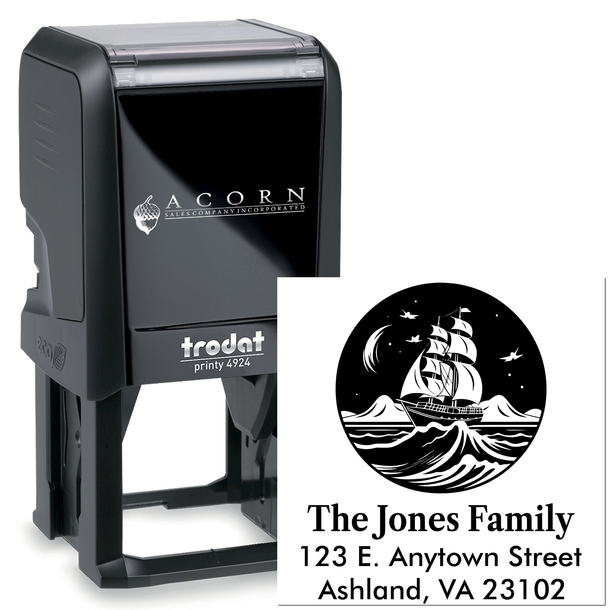 Custom self-inking rubber stamp with nautical address design for The Jones Family, featuring ship logo and address.