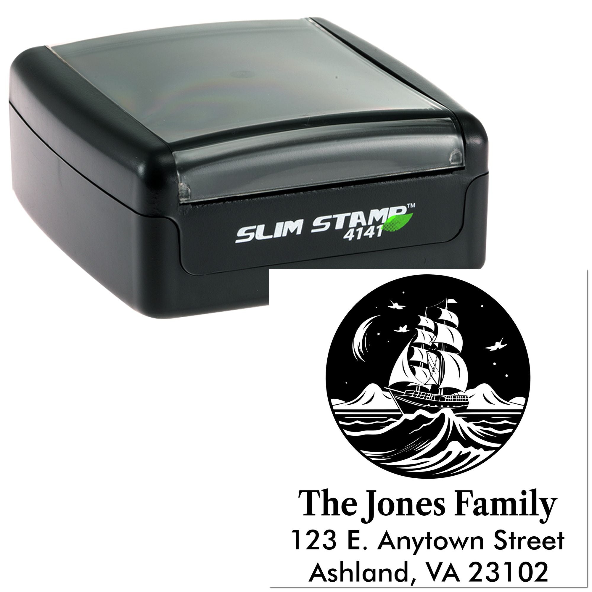 Custom return address rubber stamp with nautical ship design, family name and address, shown in Slim Stamp 4141 self-inking case.