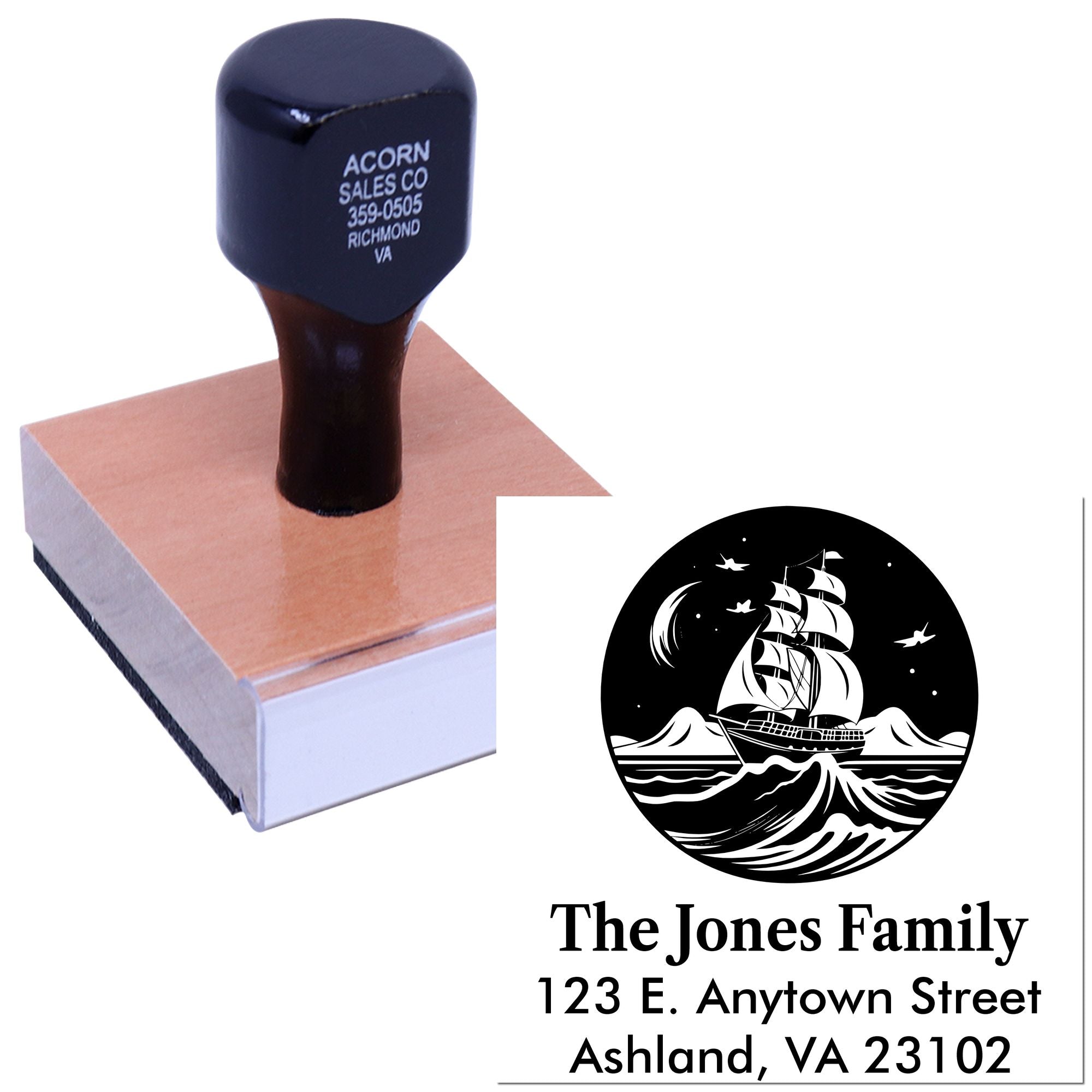 Custom rubber address stamp with family name, address and nautical ship logo for personalized mailing.