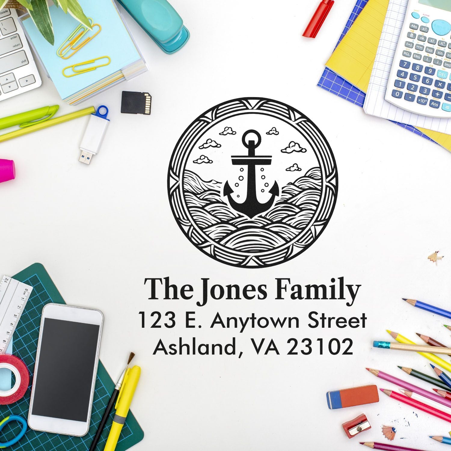 Custom return address rubber stamp with anchor design for The Jones Family, Ashland, VA, ideal for mailings and crafts.