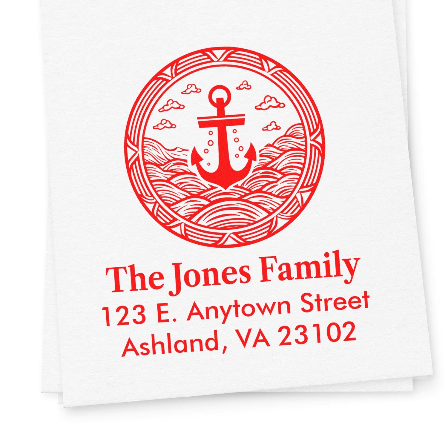 Custom nautical return address rubber stamp with anchor design for The Jones Family, Ashland VA.