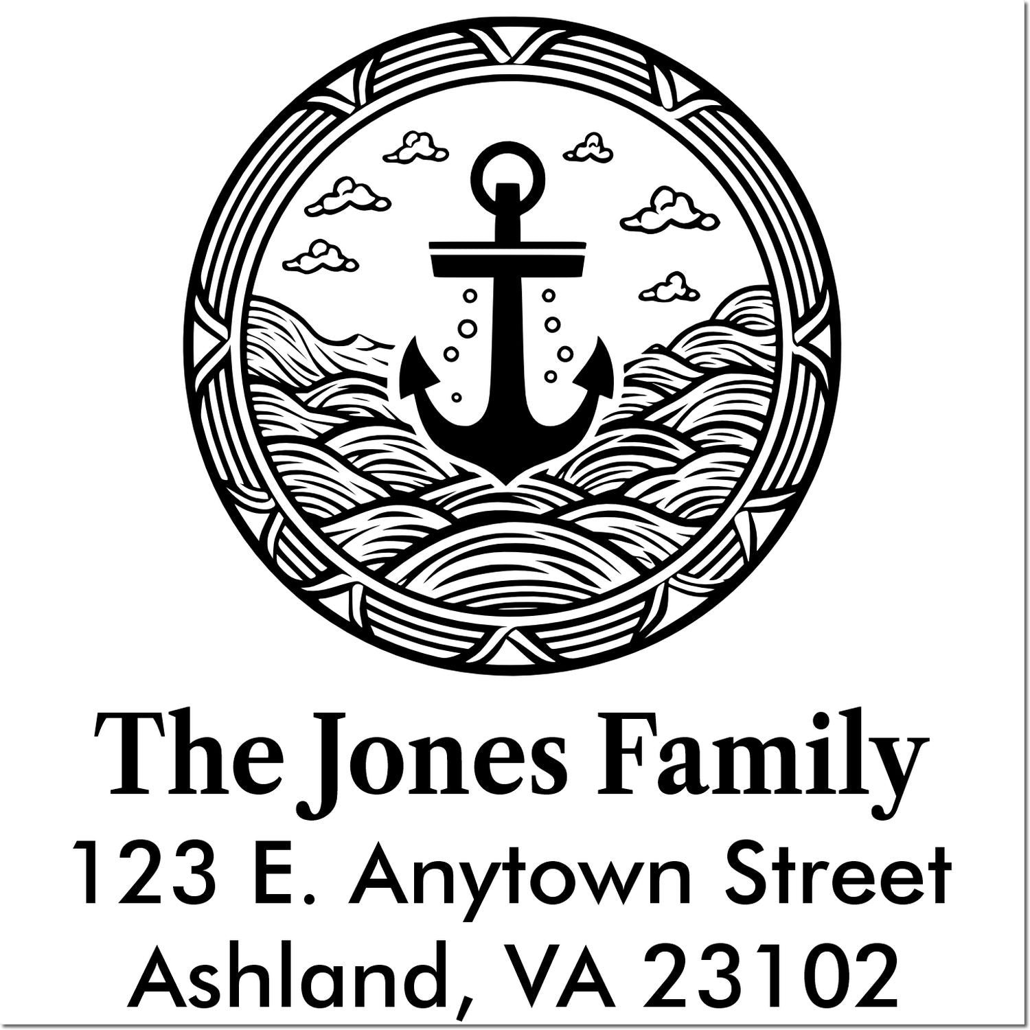 Custom nautical address rubber stamp with anchor design for The Jones Family, 123 E. Anytown Street, Ashland, VA 23102