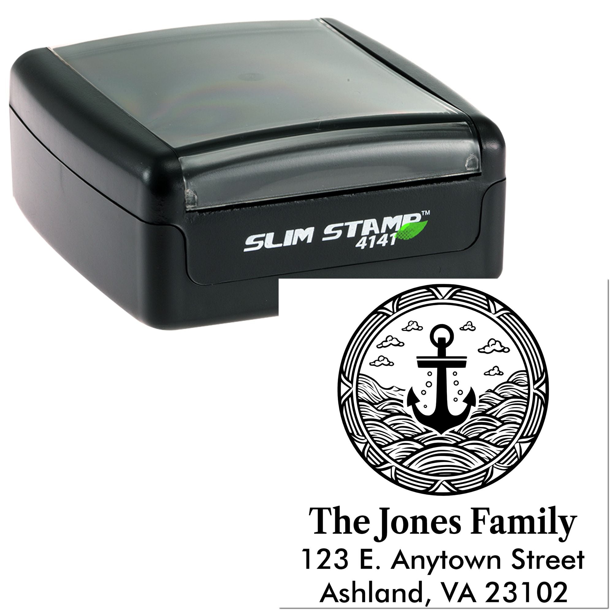 Custom slim rubber address stamp with nautical anchor design for The Jones Family, Ashland VA return address imprint.