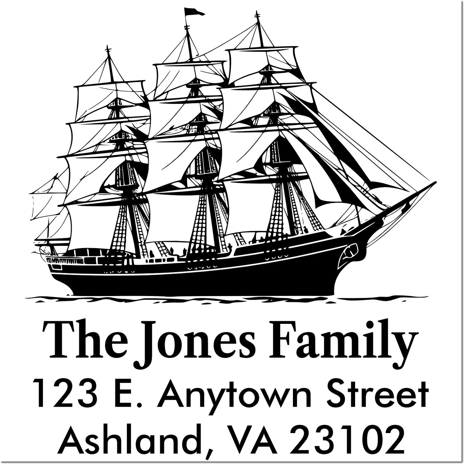 Custom family rubber stamp with tall ship logo and return address: The Jones Family, 123 E. Anytown Street, Ashland, VA 23102