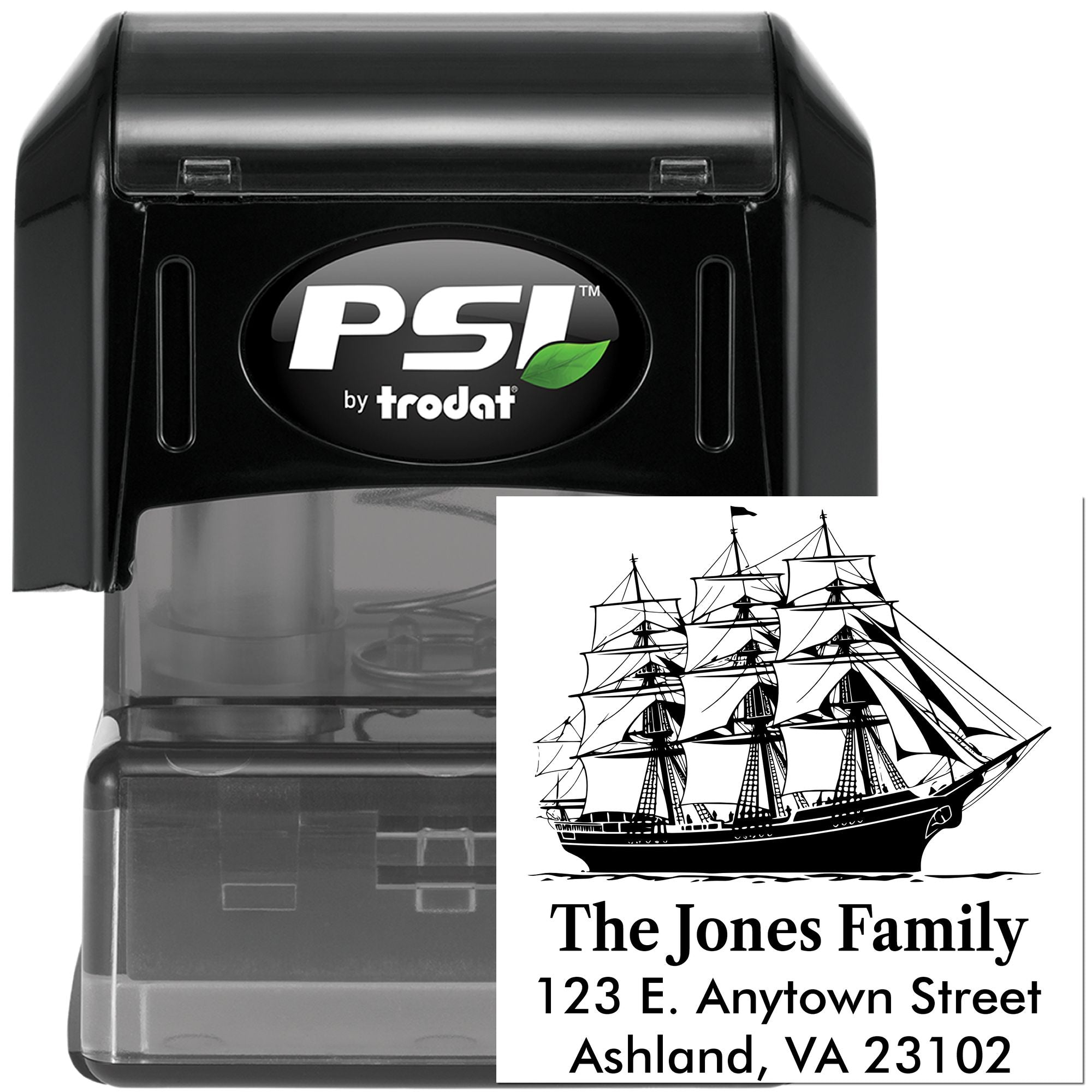 PSI by Trodat self-inking rubber stamp with custom return address design featuring ship artwork and family name