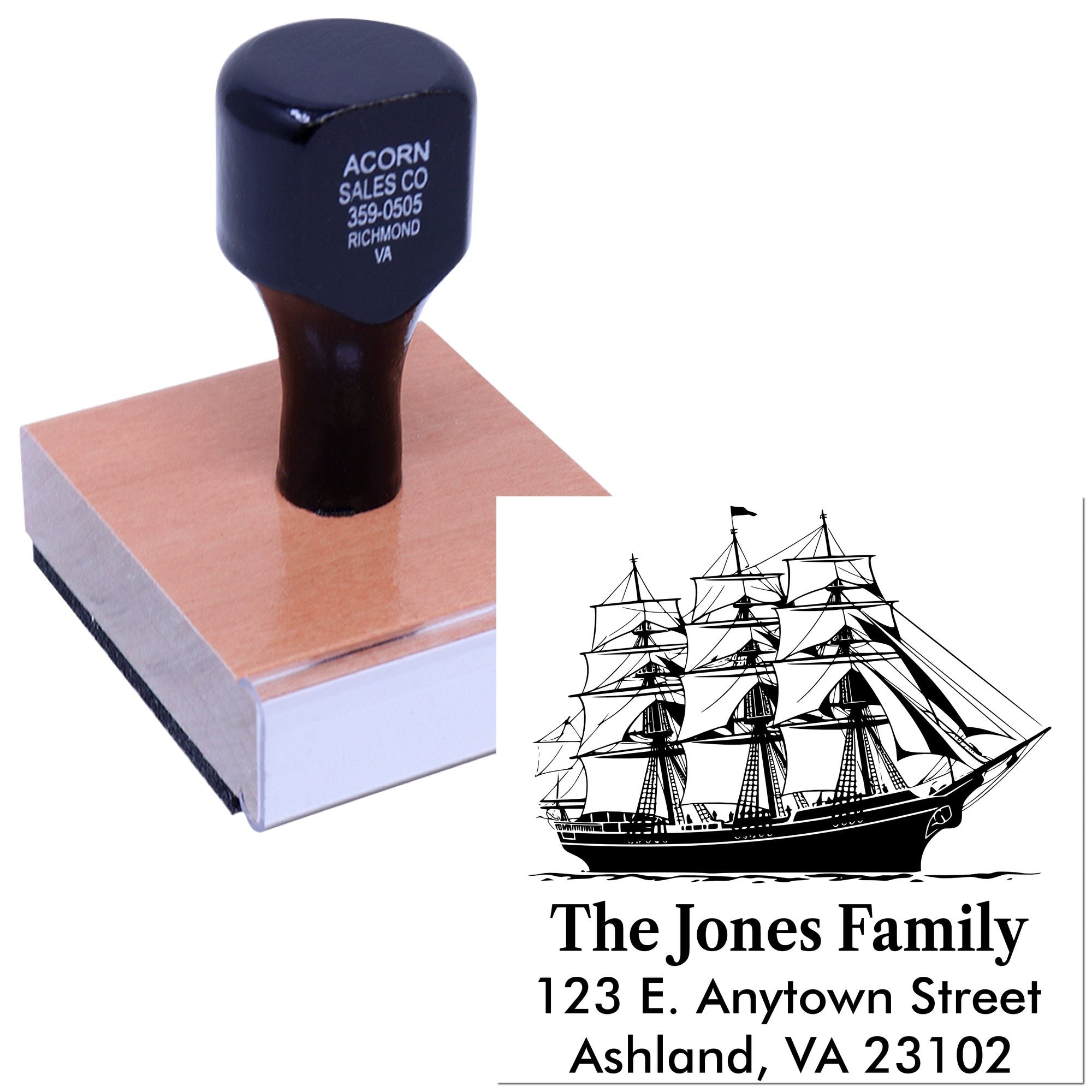 Custom return address rubber stamp with sailing ship design for The Jones Family, Ashland, VA 23102