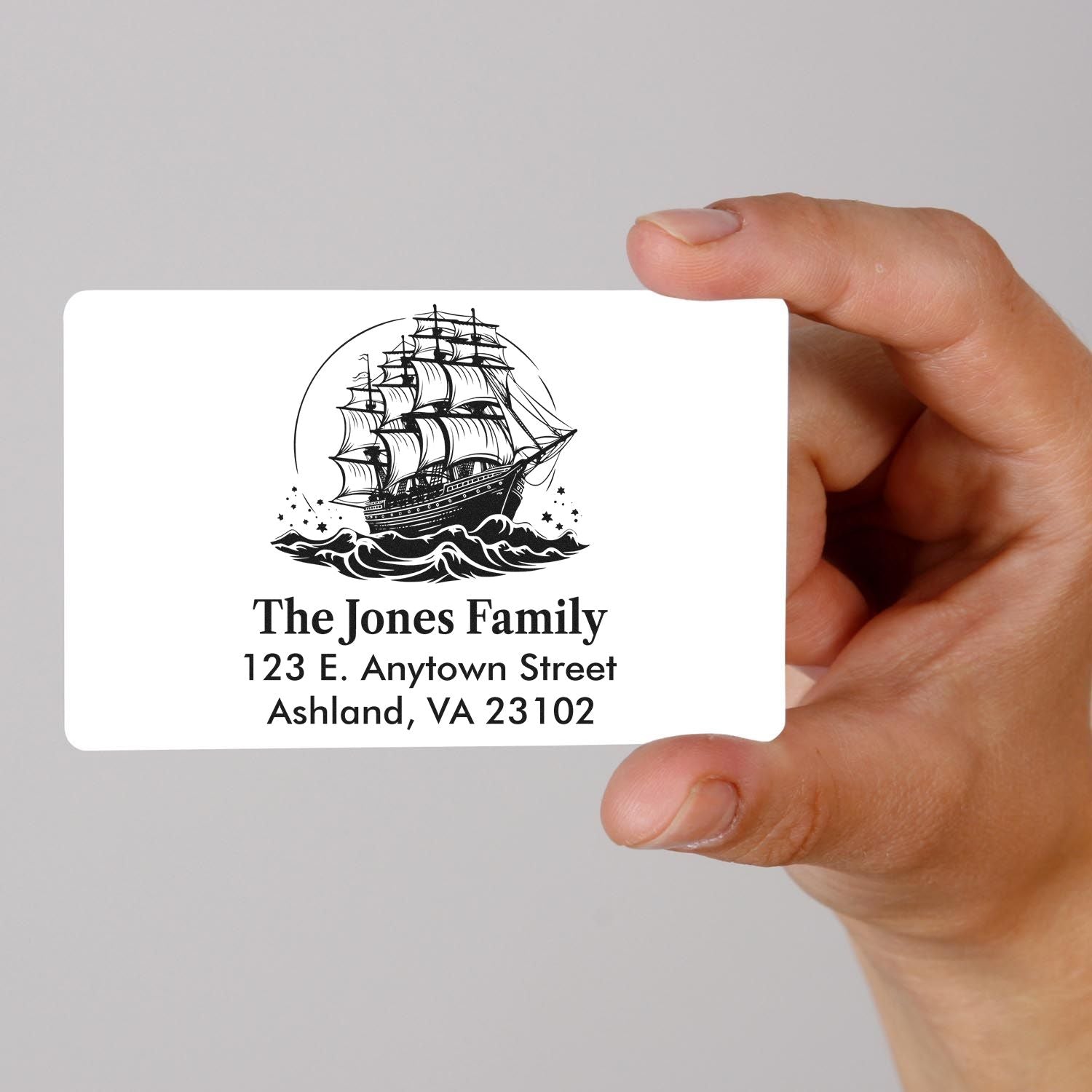 Custom rubber stamp with nautical ship design and return address for The Jones Family