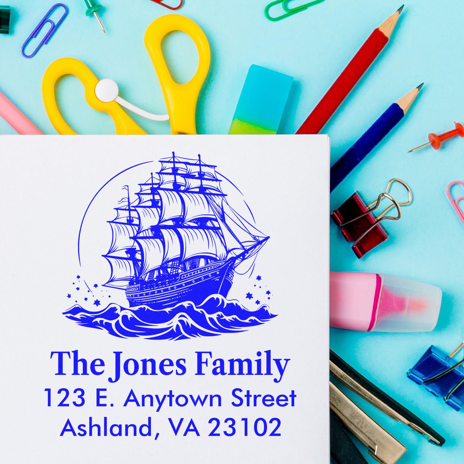 Personalized rubber address stamp with sailing ship design for The Jones Family, featuring Ashland, VA return address.