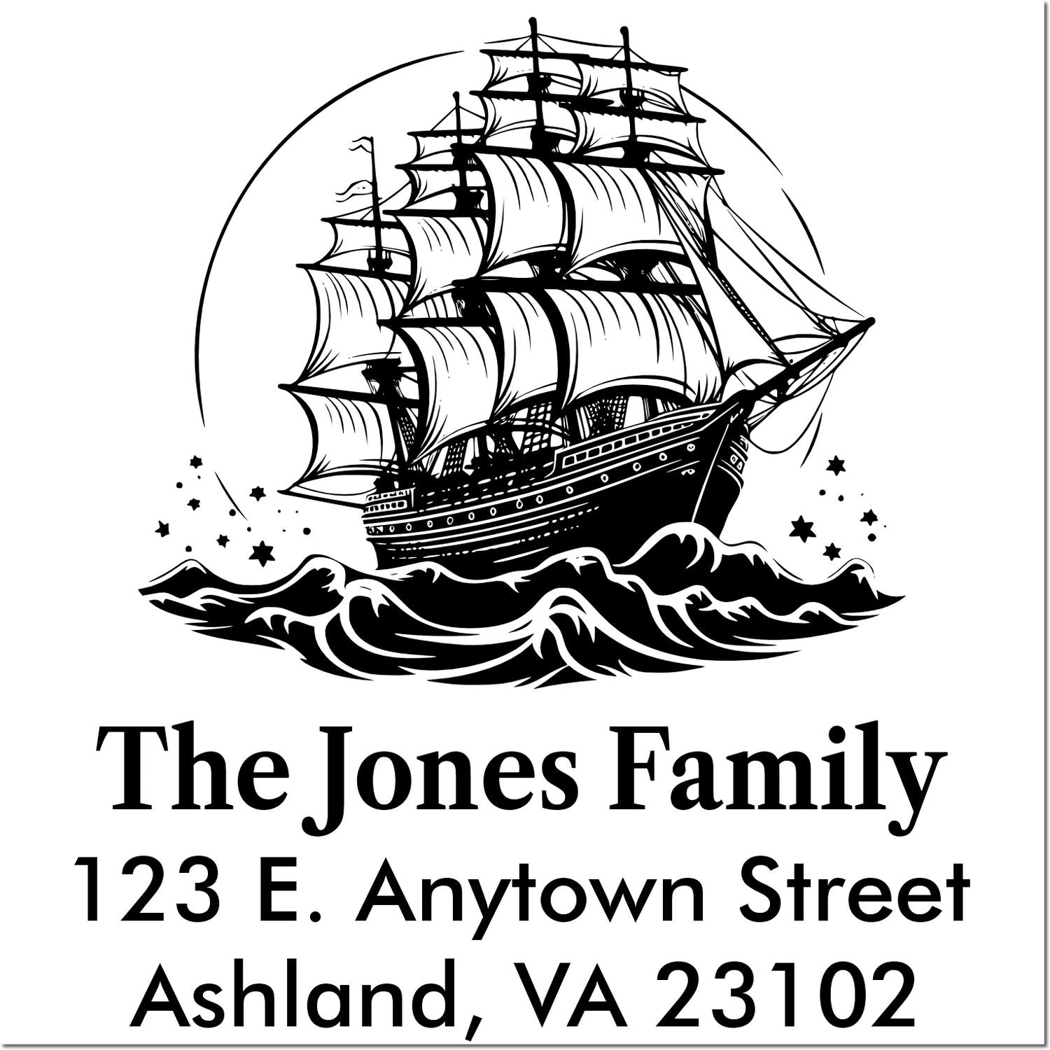 Custom return address rubber stamp with tall ship illustration, The Jones Family, 123 E. Anytown Street, Ashland, VA 23102.