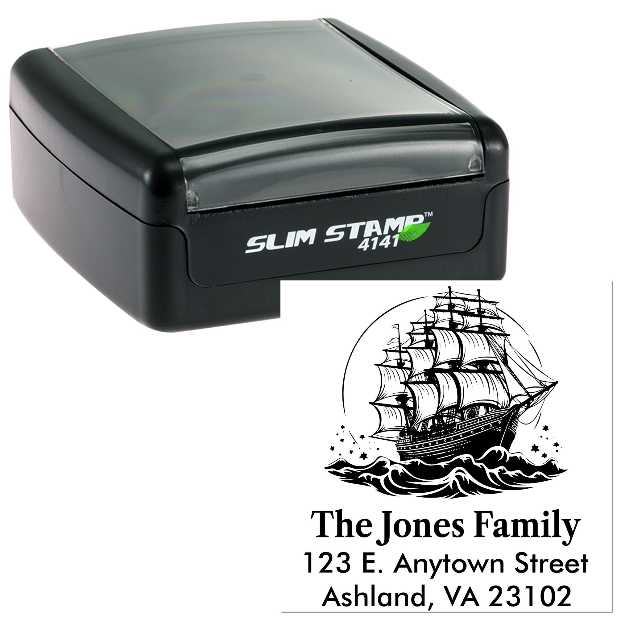 Slim self-inking personalized return address rubber stamp with sailing ship design and The Jones Family imprint.
