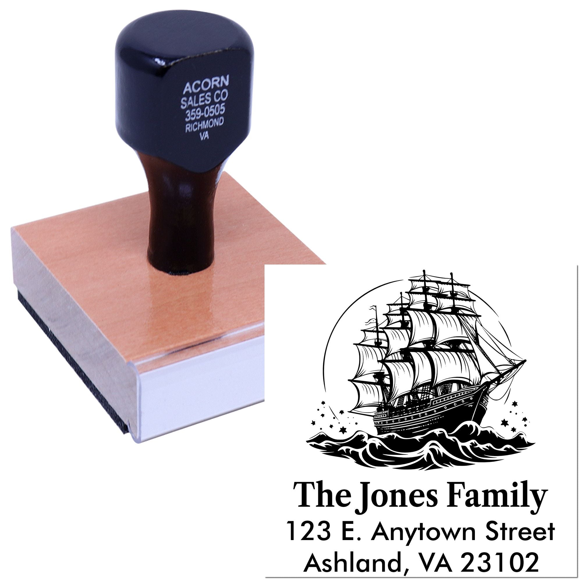 Custom nautical return address rubber stamp for The Jones Family with ship design and Ashland, VA mailing address.