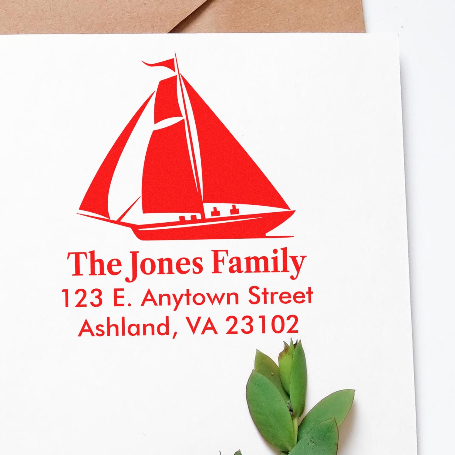 Personalized sailboat return address rubber stamp for The Jones Family, Ashland, VA 23102