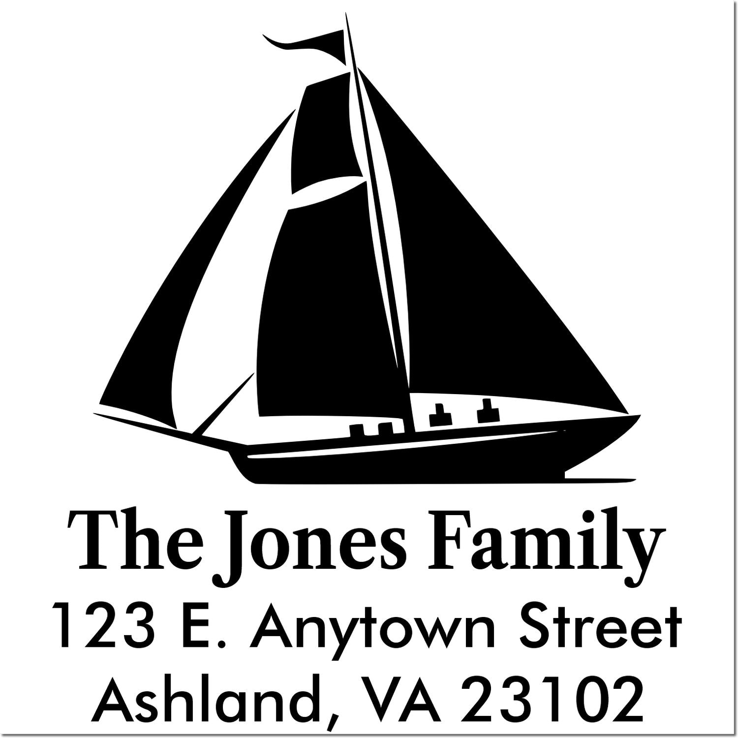 Custom sailboat return address rubber stamp for The Jones Family, 123 E. Anytown Street, Ashland, VA 23102.