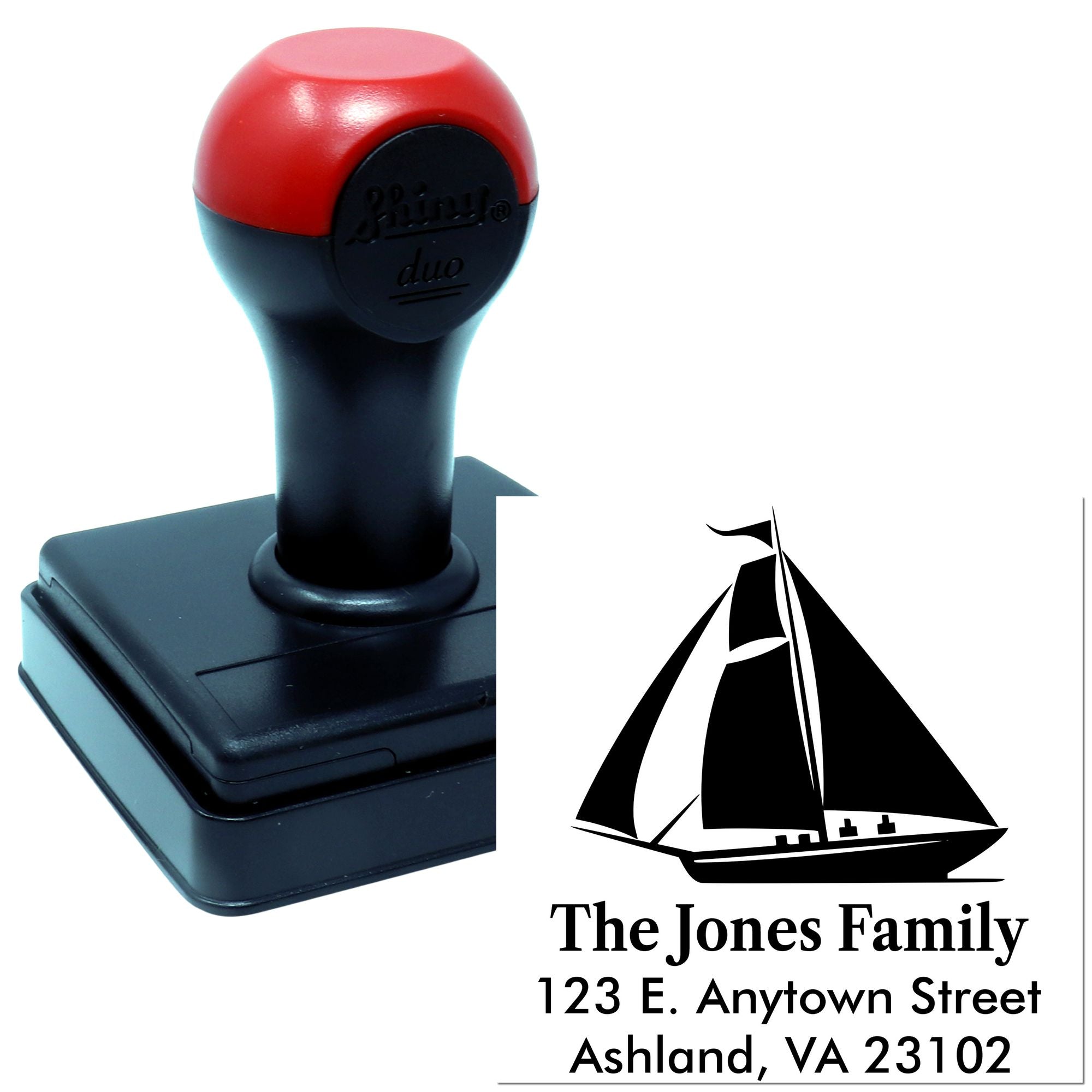 Personalized nautical self-inking rubber address stamp with sailboat design for The Jones Family return address.