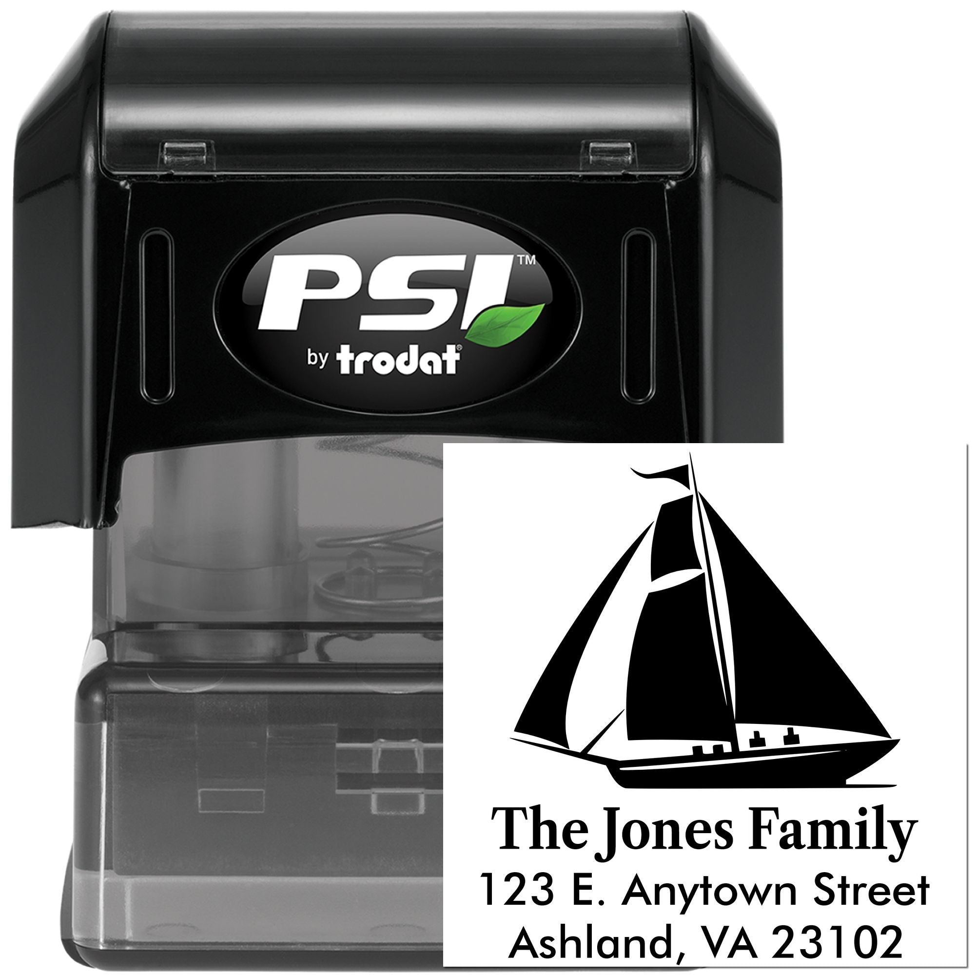 Custom self-inking rubber address stamp with sailboat logo, The Jones Family name, and return address for personalized mailing.