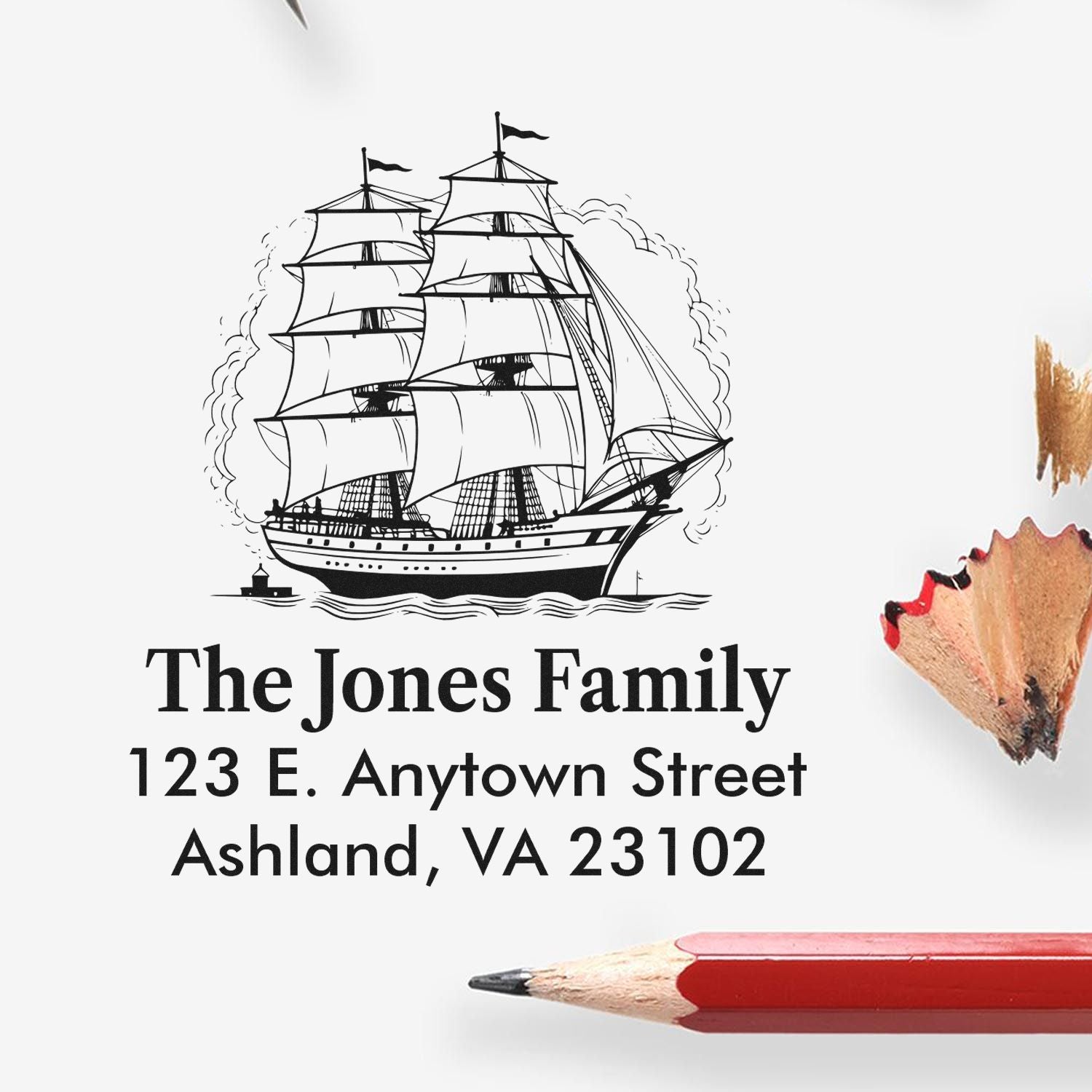 Custom nautical rubber stamp with tall ship illustration, family name, and return address for envelopes.