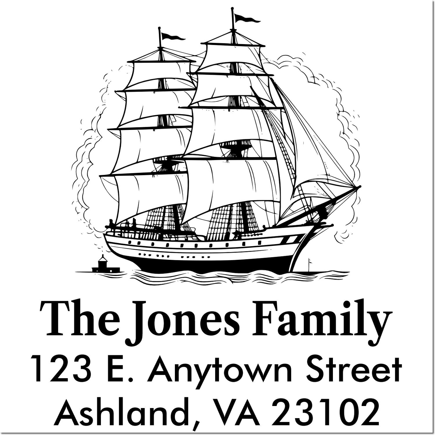 Custom personalized return address rubber stamp with tall ship art for The Jones Family, Ashland, VA 23102
