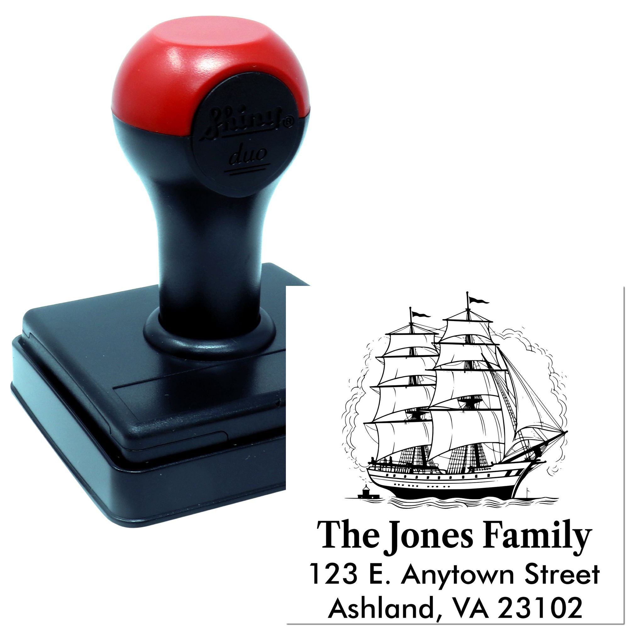 Custom self-inking rubber return address stamp with sailing ship design for The Jones Family, Ashland, VA.