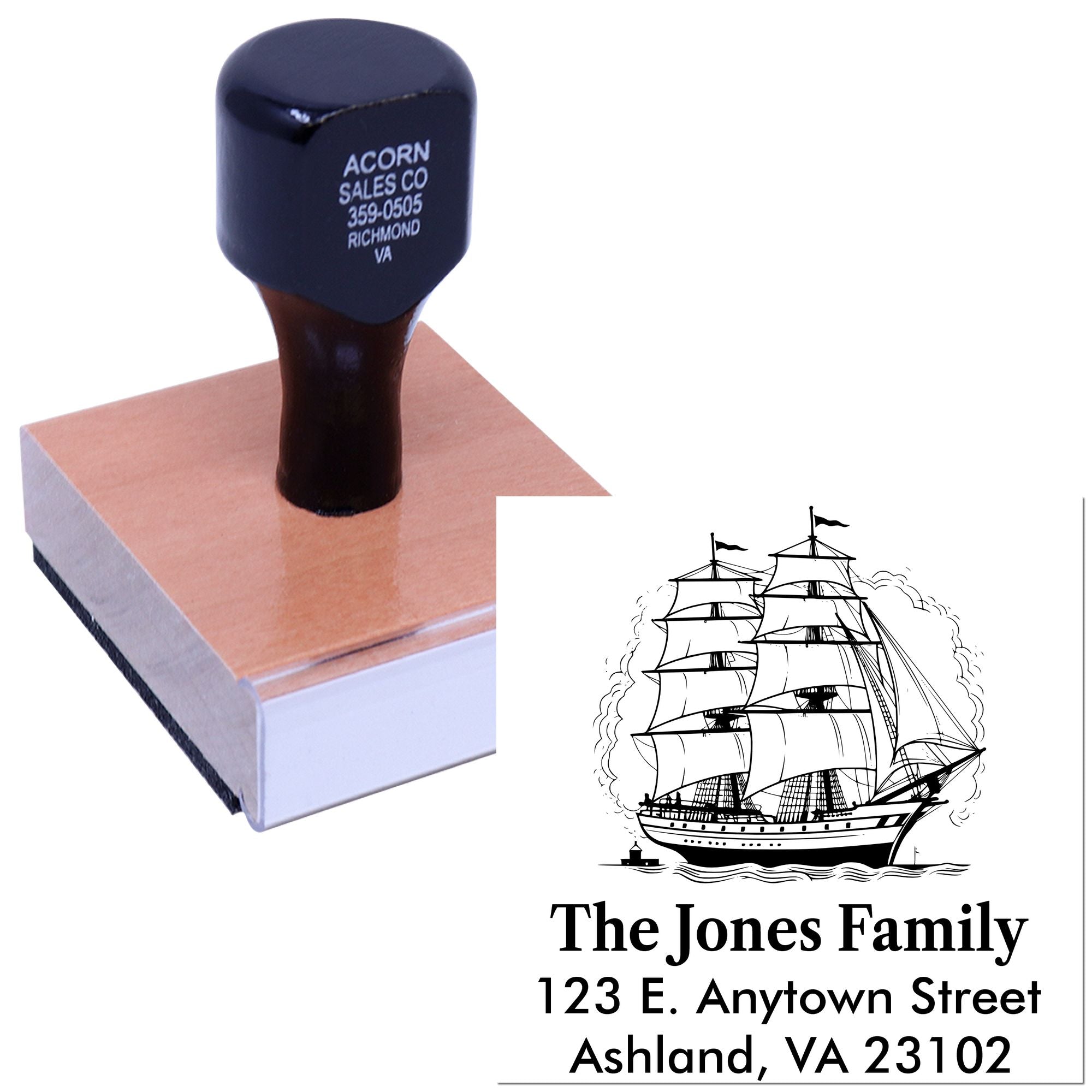 Custom return address rubber stamp with ship design for The Jones Family mailing envelopes