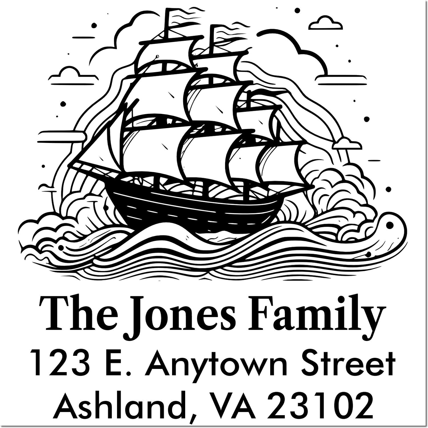 Custom nautical family return address rubber stamp with sailing ship, The Jones Family, 123 E. Anytown Street, Ashland VA 23102.