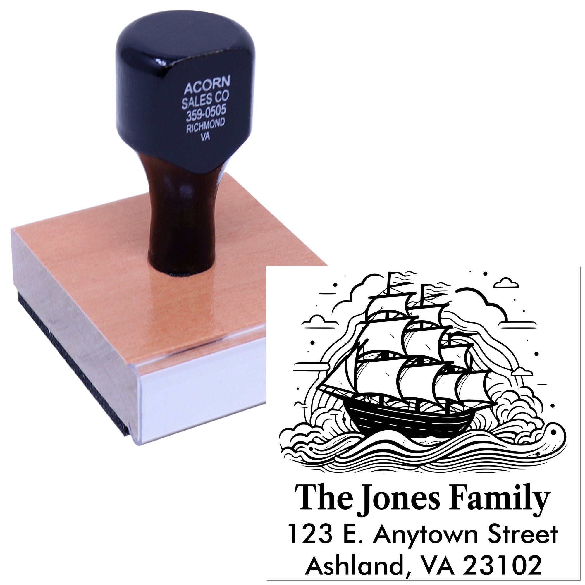 Custom rubber address stamp with sailing ship design and family name for personalized mailing and stationery.