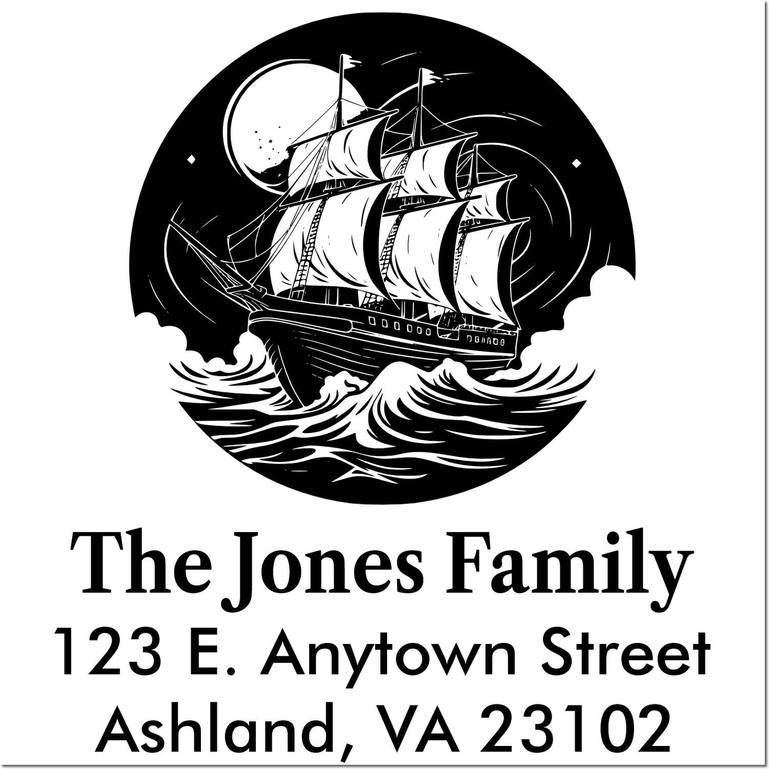 Custom return address rubber stamp with sailing ship design for The Jones Family, 123 E. Anytown Street, Ashland, VA 23102