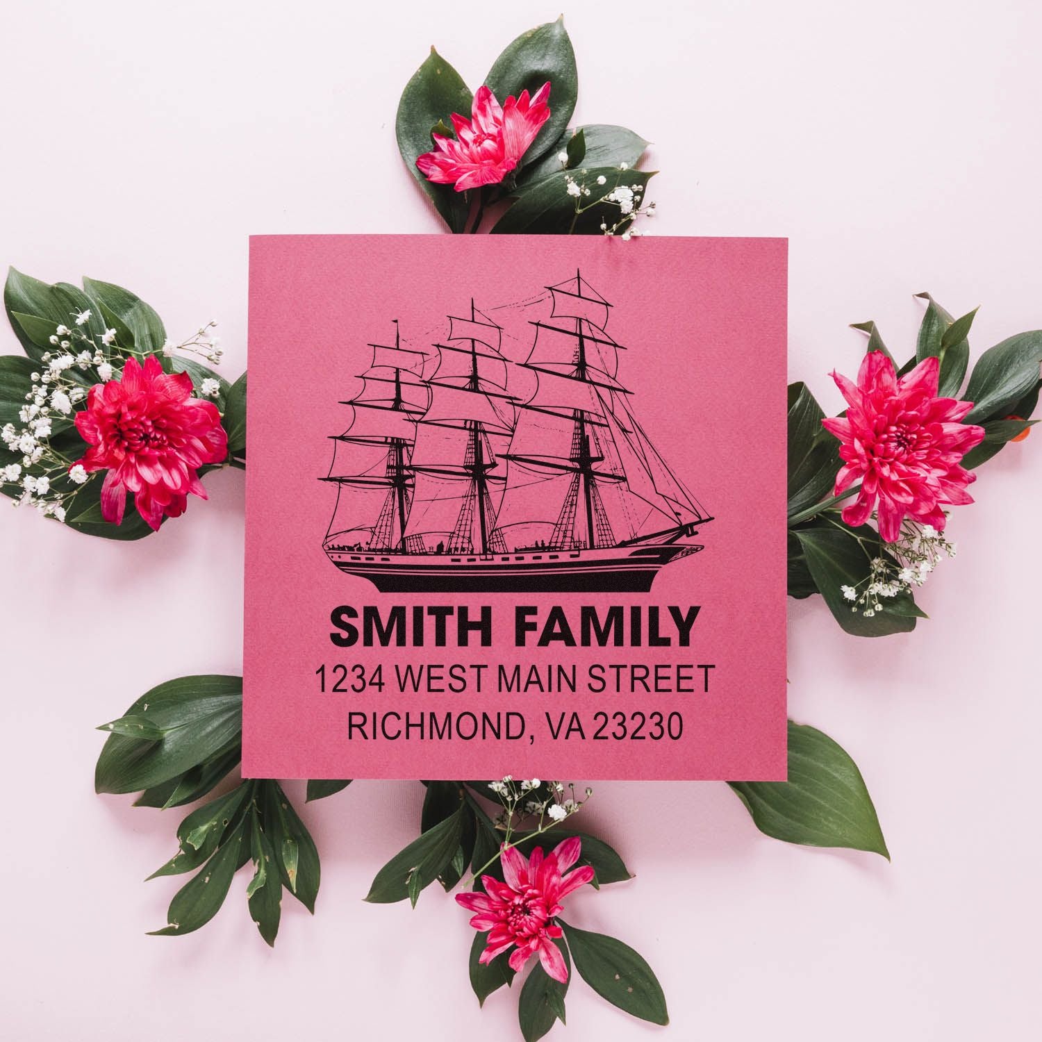 Personalized return address rubber stamp with ship design for Smith Family, ideal for custom wedding or home stationery.