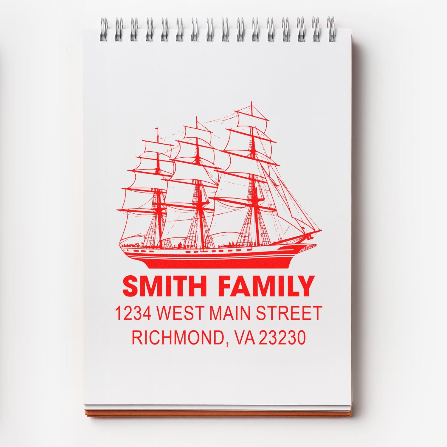 Personalized custom rubber address stamp with sailing ship logo, Smith family name, and Richmond, VA return address.