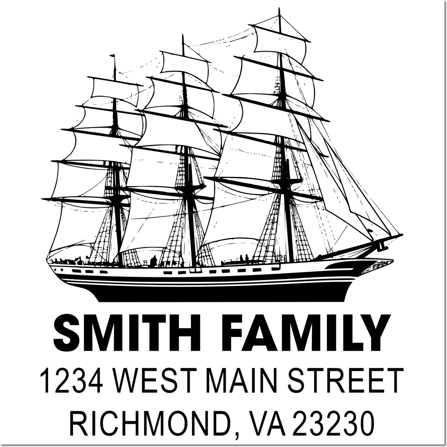 Custom family address rubber stamp with sailing ship design, Smith Family, 1234 West Main Street, Richmond, VA 23230