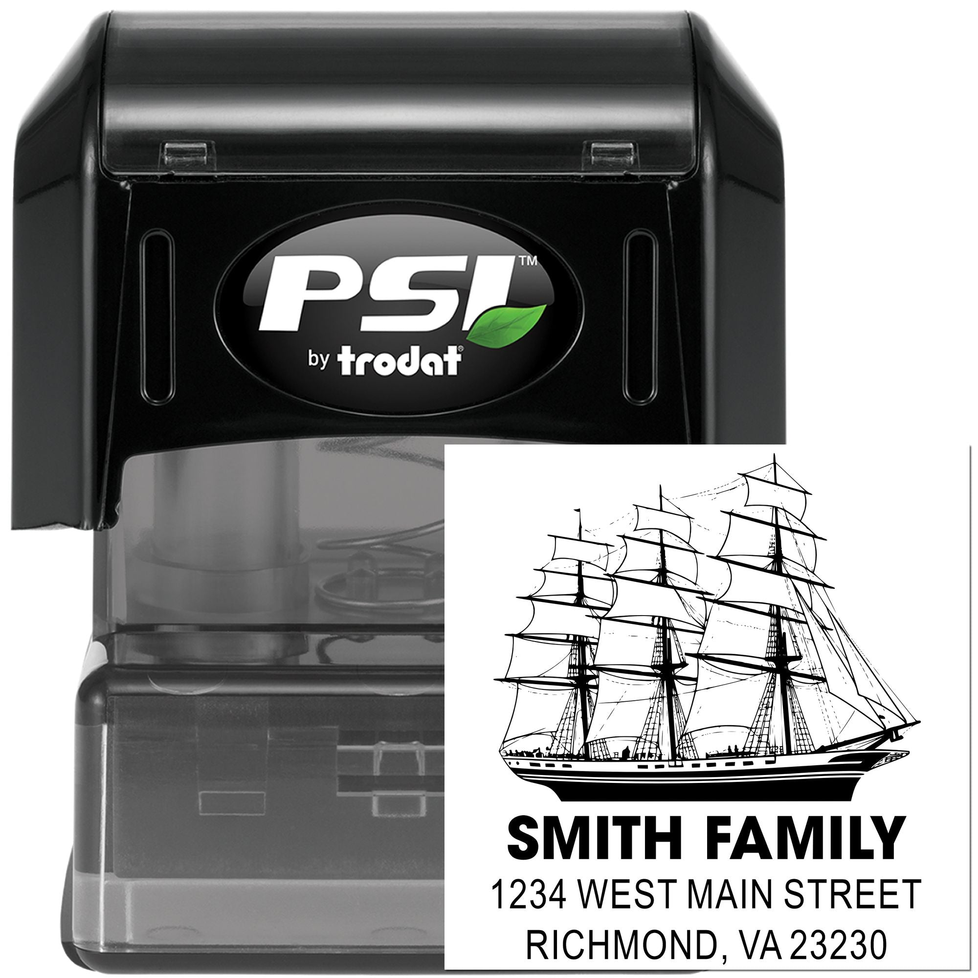 Custom self-inking rubber address stamp with sailing ship design, Smith Family name, and return address.
