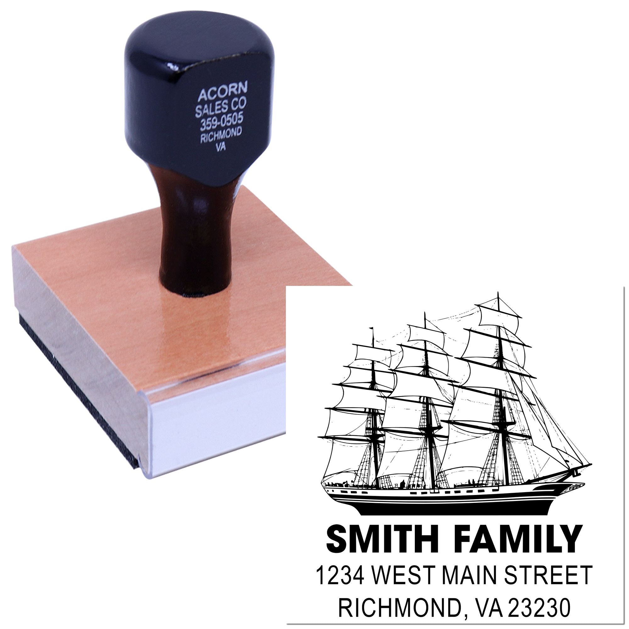 Custom self-inking return address rubber stamp with ship logo for Smith Family envelopes, Richmond VA.