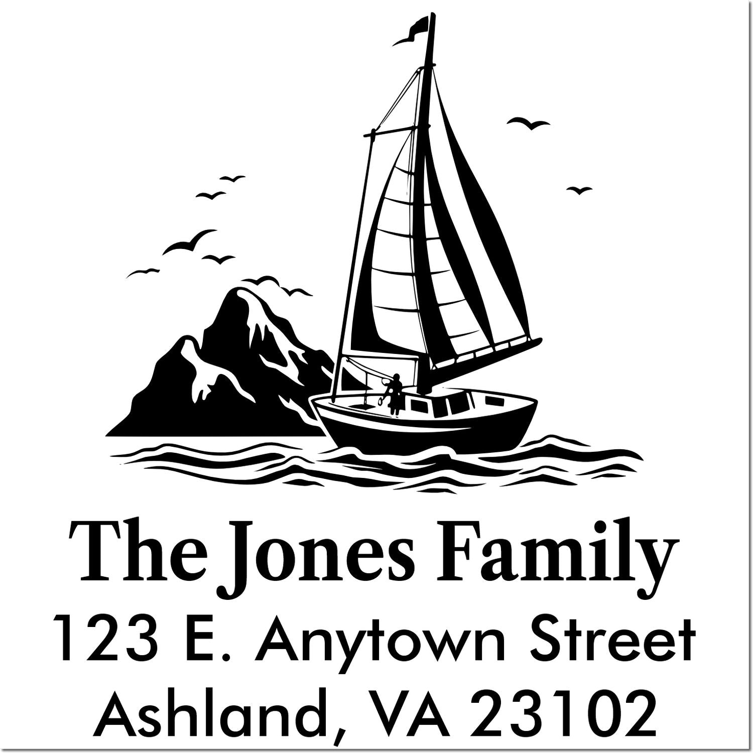 Custom nautical return address rubber stamp with sailboat design for The Jones Family, 123 E. Anytown Street, Ashland VA 23102.